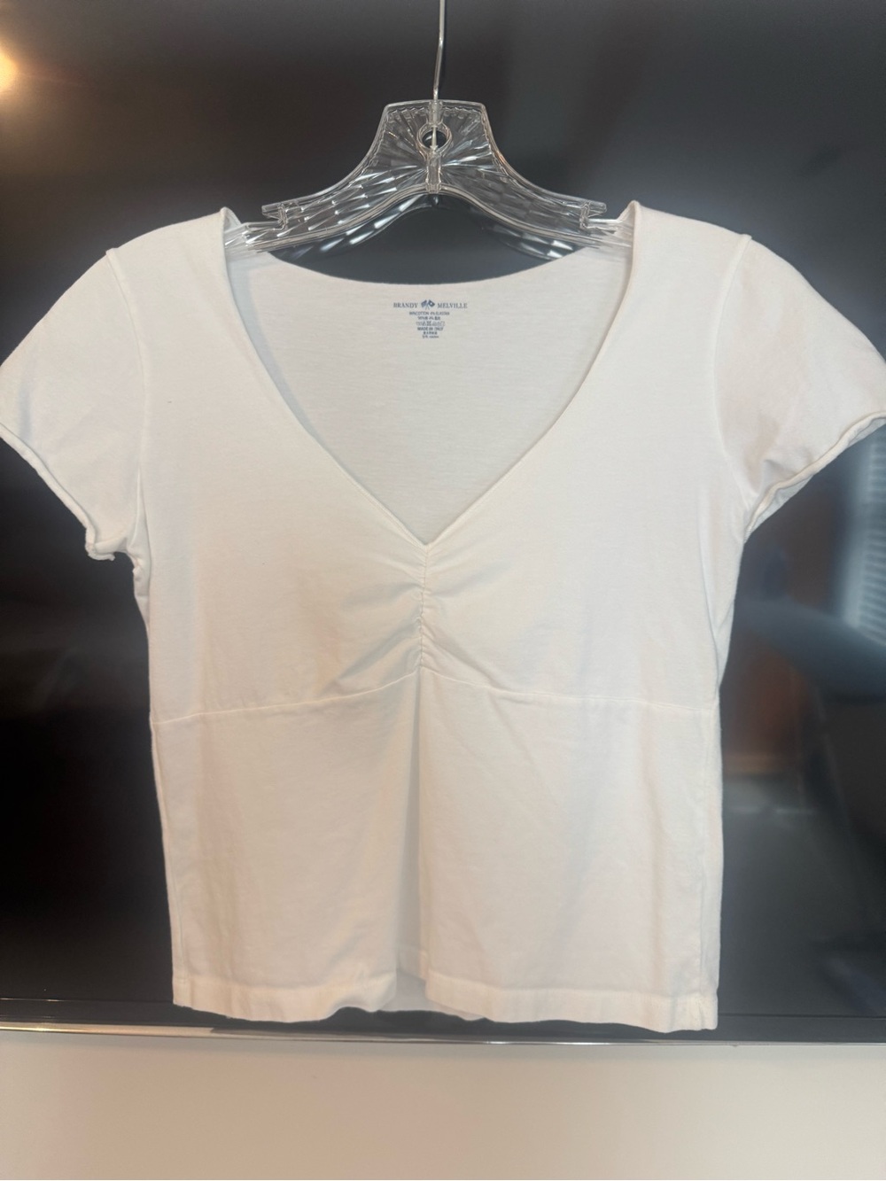 Brandy Melville White V-Neck Ruched Short Sleeve Tee